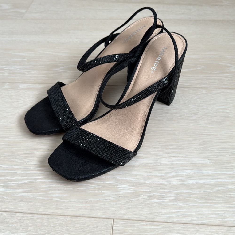 3/$10 Maripe Black Sequined Strappy Block Heels - Picture 3 of 10
